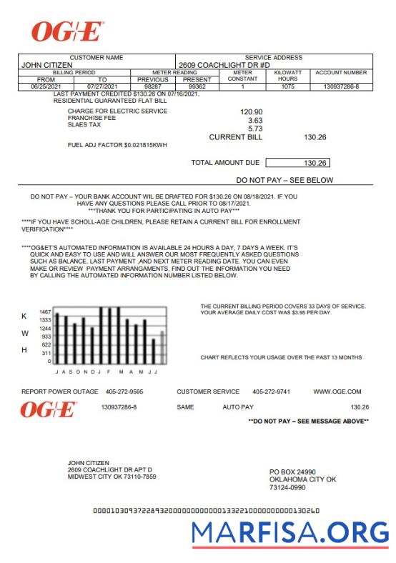 Blank USA Oklahoma OGE Energy utility bill template in Word and PDF